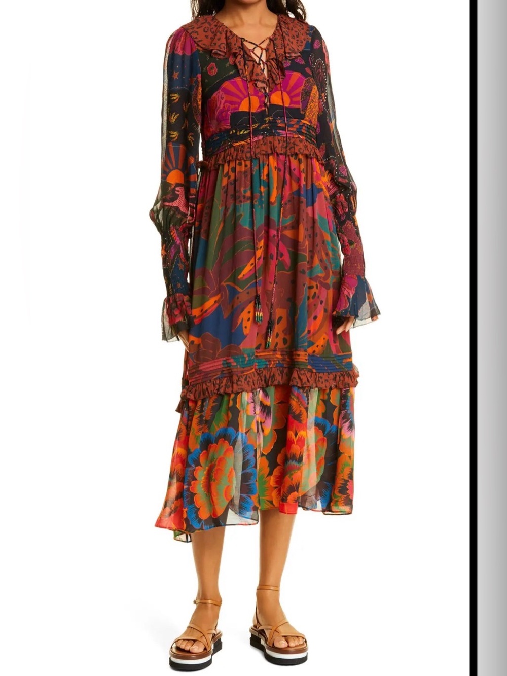 Farm Rio Mixed Leopards Jungle Long Sleeve Midi Dress in Size Medium